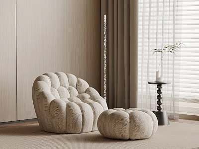 Plush Beige Modern Lounge Chair With Footstool And Green Plant In Neutral Interior 3d model