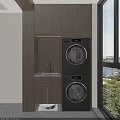 Wooden Balcony Cabinet With Stacked Washer Dryer Marble Countertop And Window View