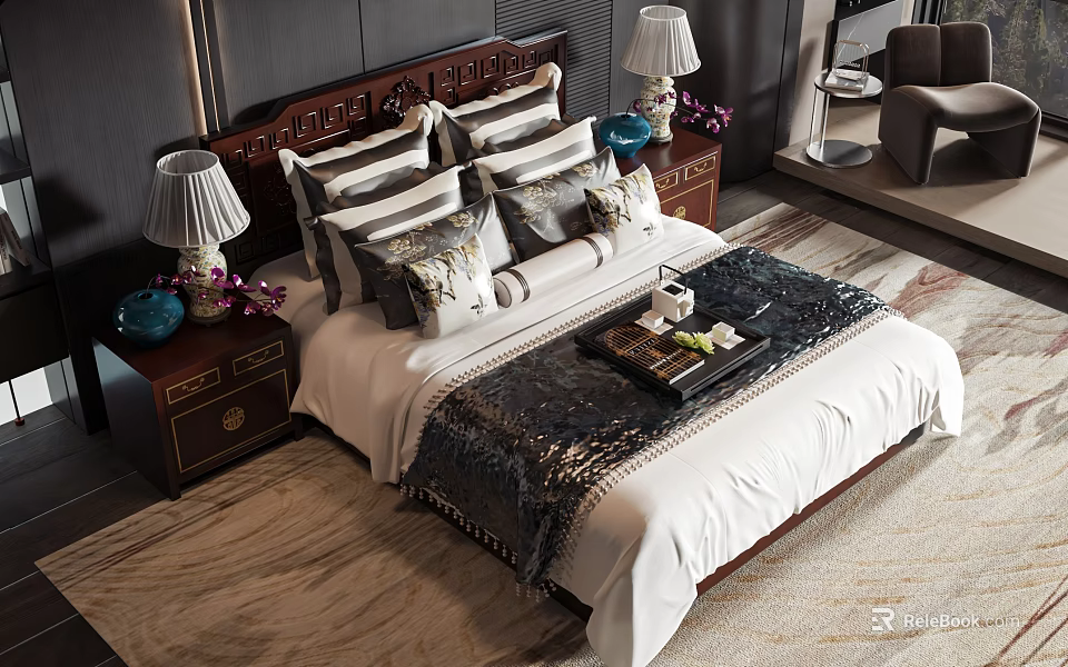 Traditional Carved Double Bed with White Bedspread Multiple Pillows and Nightstands with Table Lamps 3d model 