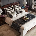 Traditional Carved Double Bed with White Bedspread Multiple Pillows and Nightstands with Table Lamps