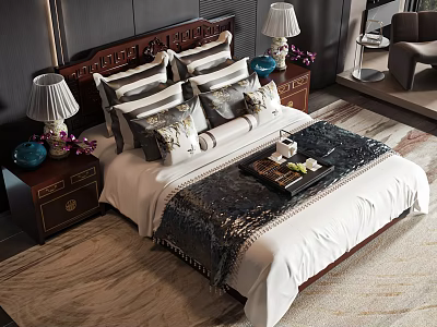 Traditional Carved Double Bed with White Bedspread Multiple Pillows and Nightstands with Table Lamps 3d model
