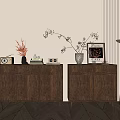 Modern Wooden Console and Side Cabinet with Decorative Items in Entryway 3d model