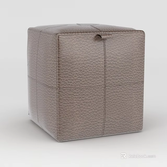 Brown Leather Square Ottoman With Textured Surface And Stitched Design 3d model 