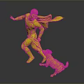 Superhero in Superman Costume Running With White Dog On Dark Reflective Surface
