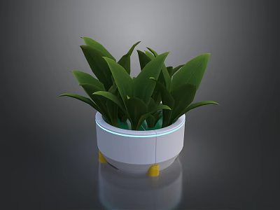 Modern Floral Display with Green Plants White Flower Pot Yellow Feet and Blue Light Strip 3d model