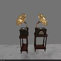 Vintage Gramophones With Golden Horns And Wooden Stands In Minimalist Room