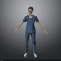 Man in Blue Scrub Suit With Face Mask Standing Arms Outstretched on Gray Background