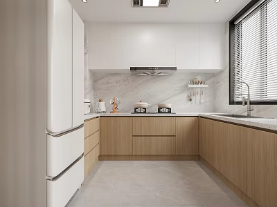 Modern Kitchen Interior Design With White Cabinets Wooden Counter Marble Backsplash Refrigerator And Window 3d model