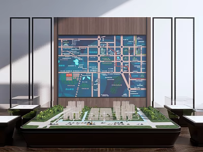 Commercial Equipment Featuring City Model Display Stand Large Screen Map Black Frame And Dark Wooden Floor 3d model