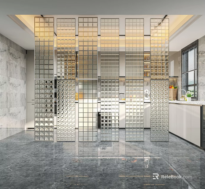 Modern Glass Partition Wall In Kitchen With Marble Accent Wall 3d model