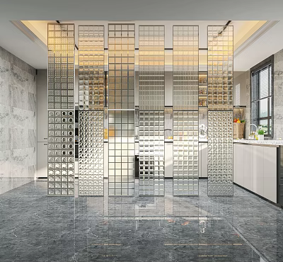 Modern Glass Partition Wall In Kitchen With Marble Accent Wall 3d model