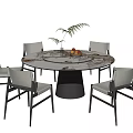 Modern Round Dining Table Set With Marble Top Black Base And White Cushioned Chairs 3d model
