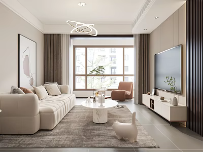 Modern Living And Dining Room Interior With Beige Sofa White Coffee Table Large Window Rug Accent Chair TV Cabinet 3d model