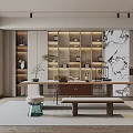 Modern Tea Room Interior Featuring Long Wooden Table Tea Sets Decorative Shelves And Green Plants