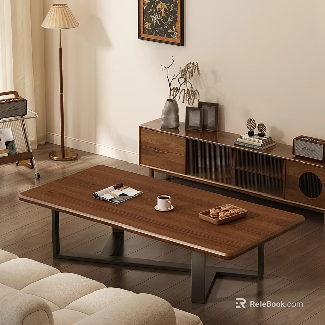 Modern Sofa and Coffee Table Set With Wooden Top Metal Legs Coffee Cup Magazines 3d model 