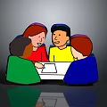 Group Of Cartoon Creatures Sitting Around Table Discussing With White Paper And Colored Outfits