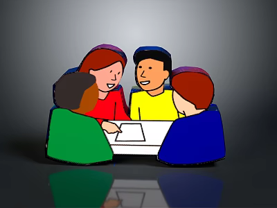Group Of Cartoon Creatures Sitting Around Table Discussing With White Paper And Colored Outfits 3d model