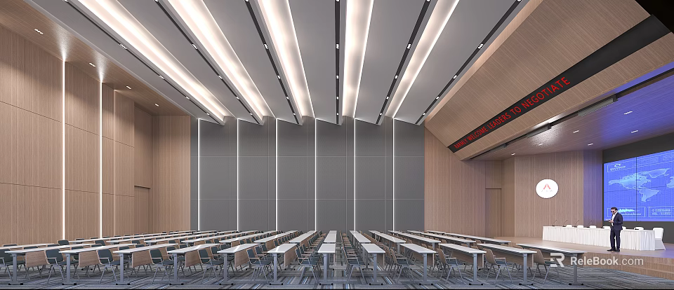 Spacious Conference Room Featuring Neatly Arranged Tables Chairs Strip Lights Gray Wooden Walls Red Banner 3d model 