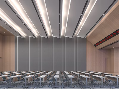 Spacious Conference Room Featuring Neatly Arranged Tables Chairs Strip Lights Gray Wooden Walls Red Banner 3d model