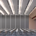 Spacious Conference Room Featuring Neatly Arranged Tables Chairs Strip Lights Gray Wooden Walls Red Banner