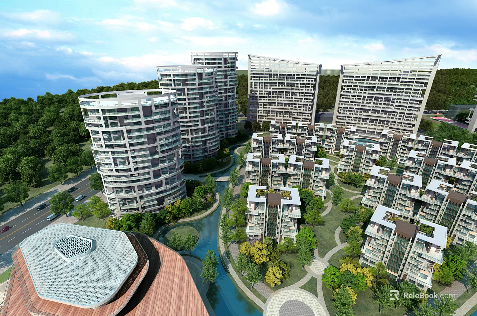 Aerial Planning of Modern Residential Area Featuring High Rise Low Rise Buildings Green Spaces Waterway 3d model 