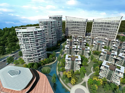 Aerial Planning of Modern Residential Area Featuring High Rise Low Rise Buildings Green Spaces Waterway 3d model