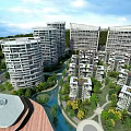 Aerial Planning of Modern Residential Area Featuring High Rise Low Rise Buildings Green Spaces Waterway