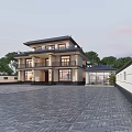 Traditional Chinese Detached Villa Two Story Design With Classic Eaves Symmetric Facade And Stone Paved Courtyard