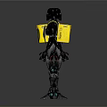 Two Humanoid Robots With Black Bodies Yellow Spiral Backs Blue Eyes And Mechanical Joints