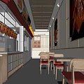 Roast Duck Restaurant Interior With Open Kitchen Tables Red Seats And Wall Posters