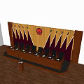 Conference Room Functional Table with Yellow Curtain Red Emblem Red Flags and Dark Chairs