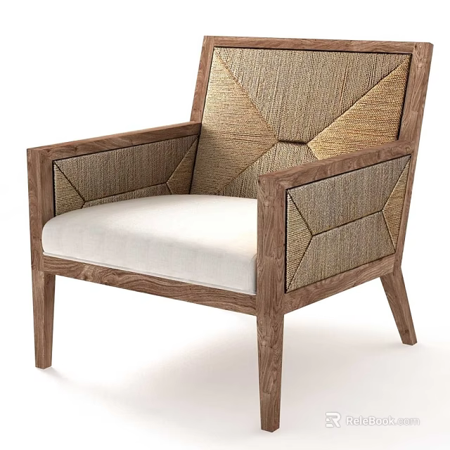 Modern Accent Chair With Wooden Frame White Cushion And Geometric Backrest 3d model 