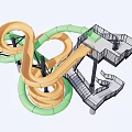 Thrilling Multi Level Spiral Water Slide With Green And Orange Slides And Platforms