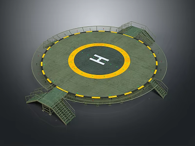 Circular Helicopter Landing Pad With Yellow Circle White H Green Surface And Ramps 3d model
