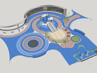 Colorful Playground Equipment With Circular Design Slides Sandpit And Water Pool 3d model