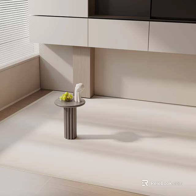 Modern Minimalist Gray Metal Side Table With Circular Top And Fruit On Light Floor 3d model 