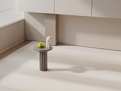 Modern Minimalist Gray Metal Side Table With Circular Top And Fruit On Light Floor 3d model