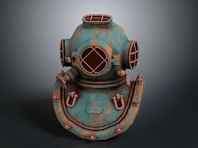Vintage Teal Rusted Diving Helmet With Round Viewing Windows And Metal Straps 3d model