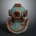 Vintage Teal Rusted Diving Helmet With Round Viewing Windows And Metal Straps
