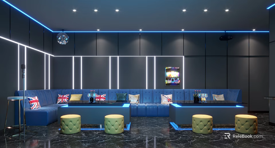 Modern KTV Lounge Design With Blue Sofas Green Stools And Neon Lighting Effects 3d model