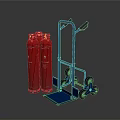 Two Red Gas Cylinders Together With Blue Wheeled Cylinder Transport Cart