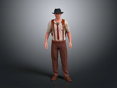 A Man Wearing Black Hat Light Colored Shirt Red Suspenders Brown Pants And Brown Shoes 3d model
