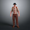 A Man Wearing Black Hat Light Colored Shirt Red Suspenders Brown Pants And Brown Shoes