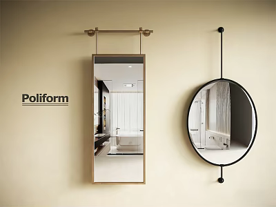 Poliform Wall Mounted Rectangular And Round Mirrors On Beige Wall With Interior Reflection 3d model