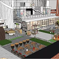 Commercial Landscape With Modern Building Outdoor Seating Trees Lanterns And Greenery