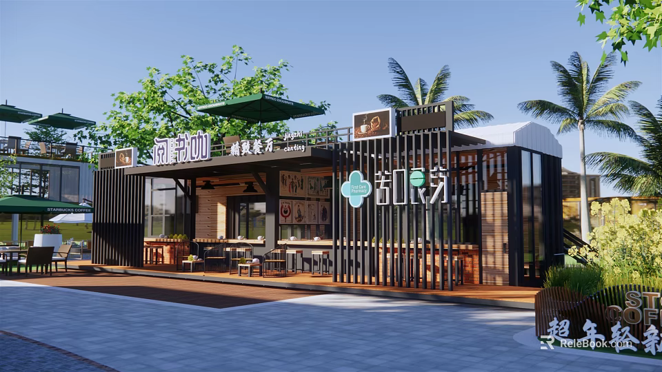 Modern Homestay Building With Black Metal Railings Glass Walls And Palm Trees 3d model 