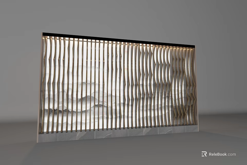 Modern Feature Wall With Wavy Vertical Slats And Marble Base Design 3d model