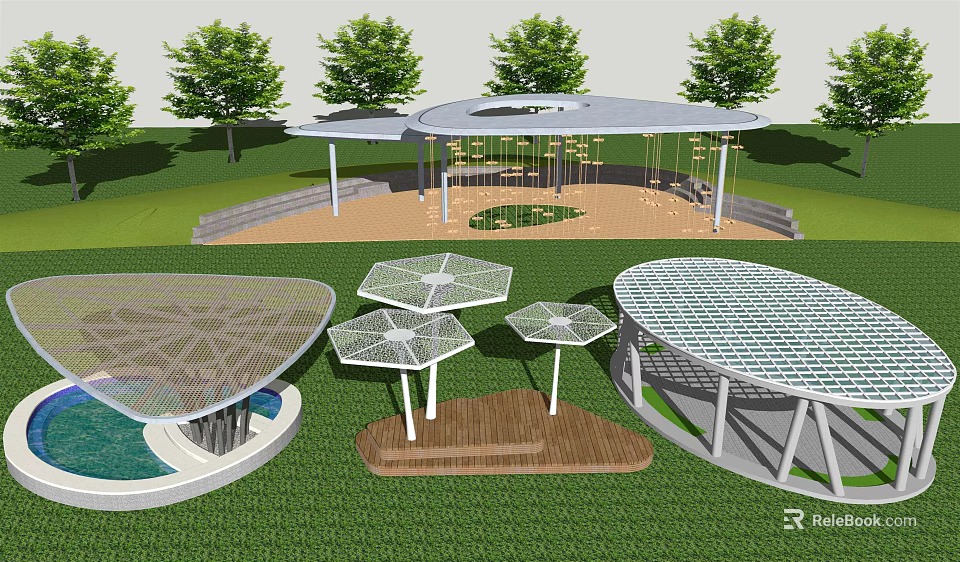 Various Modern Pergola Designs With Metal Grid Roofs And Wooden Bases In Park Area 3d model 