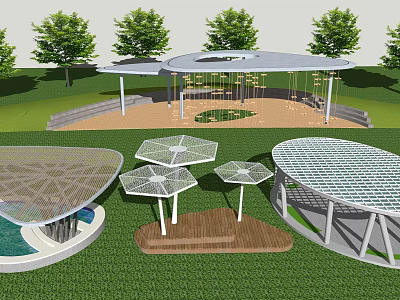 Various Modern Pergola Designs With Metal Grid Roofs And Wooden Bases In Park Area 3d model