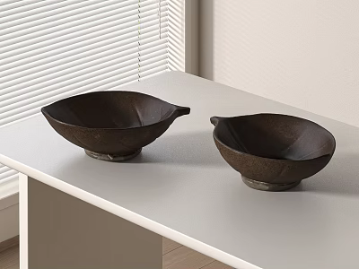 Two Dark Decorative Bowls On White Table Near Blinds 3d model
